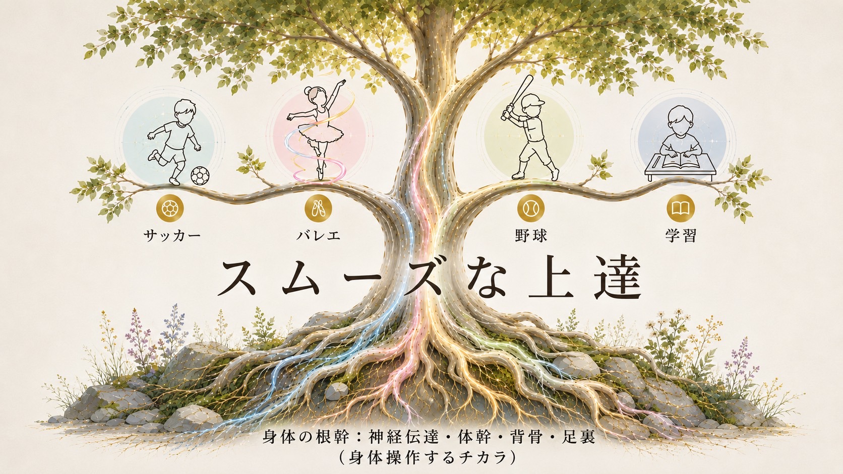 整った身体の根っこ（神経伝達・体幹・背骨・足裏）が、サッカー・バレエ・野球・学習などあらゆる成長のスムーズな上達を支えることを表す樹木のイラスト