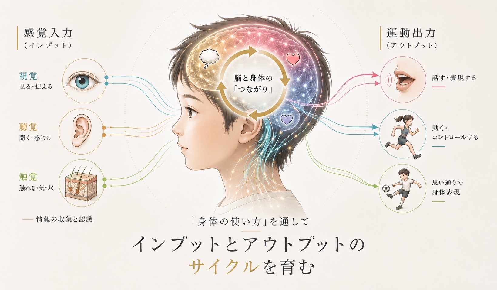 脳と身体のつながり：視覚・聴覚・触覚による感覚入力と、話す・動く・身体表現といった運動出力のサイクルを表した図解